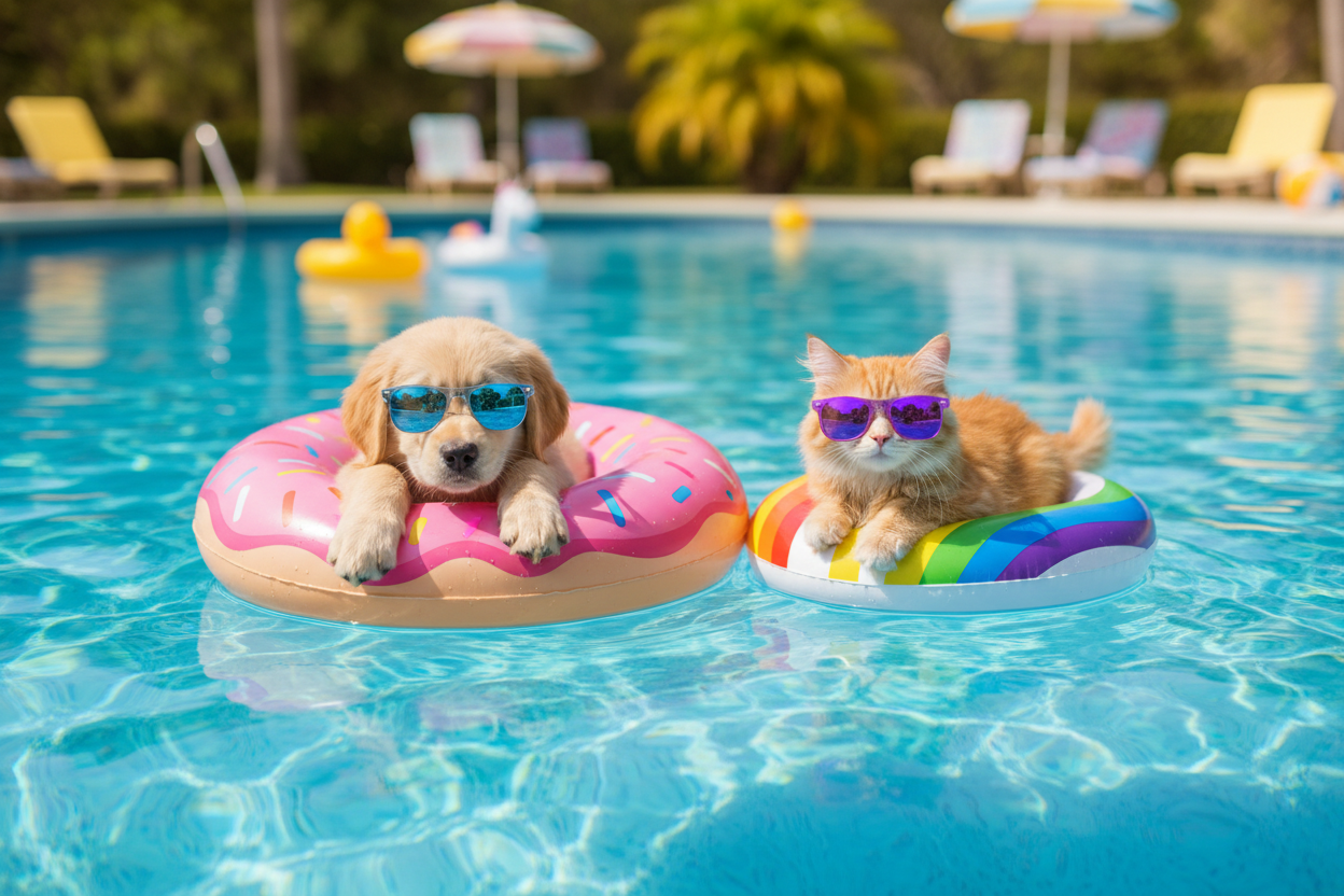 Dog and cat floating in pool with sunglasses