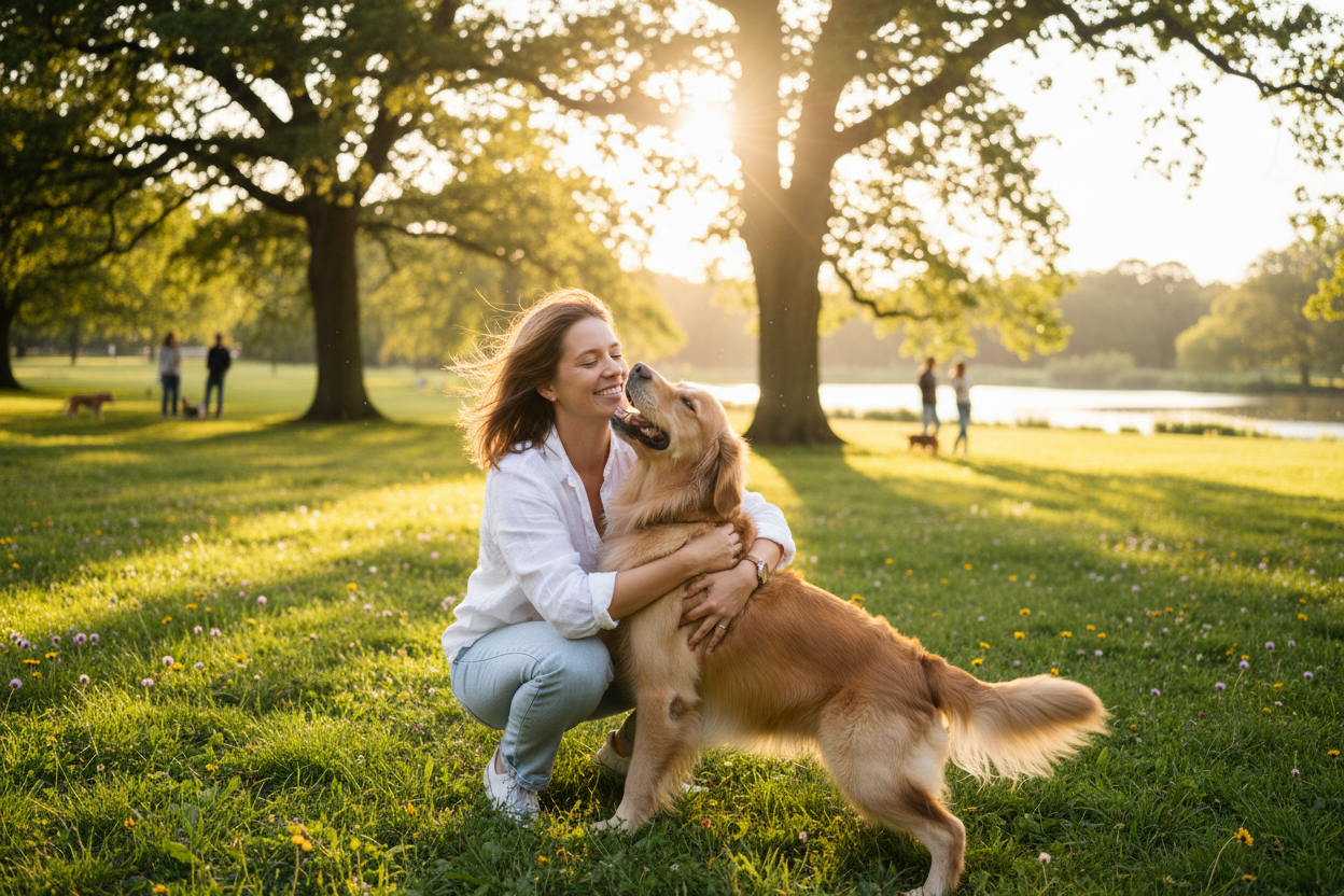 Person hugging their dog happily